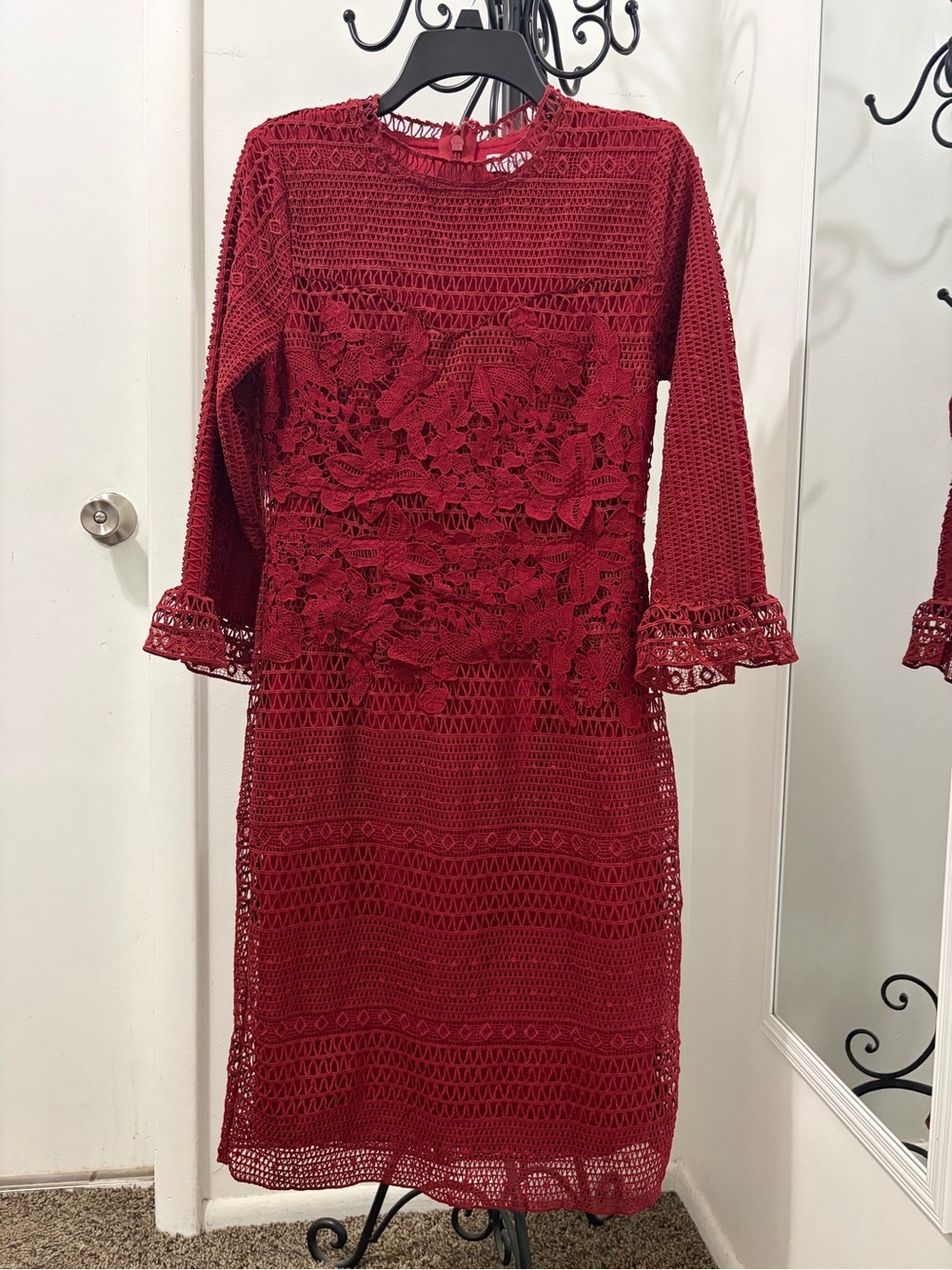 Polagram Burgundy Crochet Lace Long Sleeve Dress